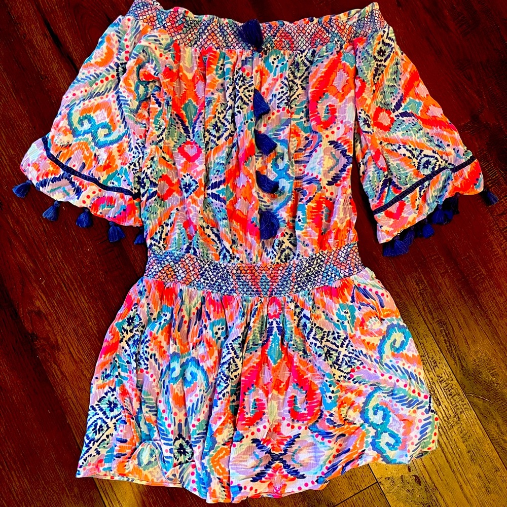 Lilly Pulitzer "Joelle" Off The Shoulder Tunic Dress Printed Smocked sz Medium